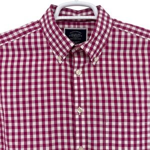 Charles Tyrwhitt Burgundy White Gingham Non Iron Extra Slim Fit Dress Shirt M